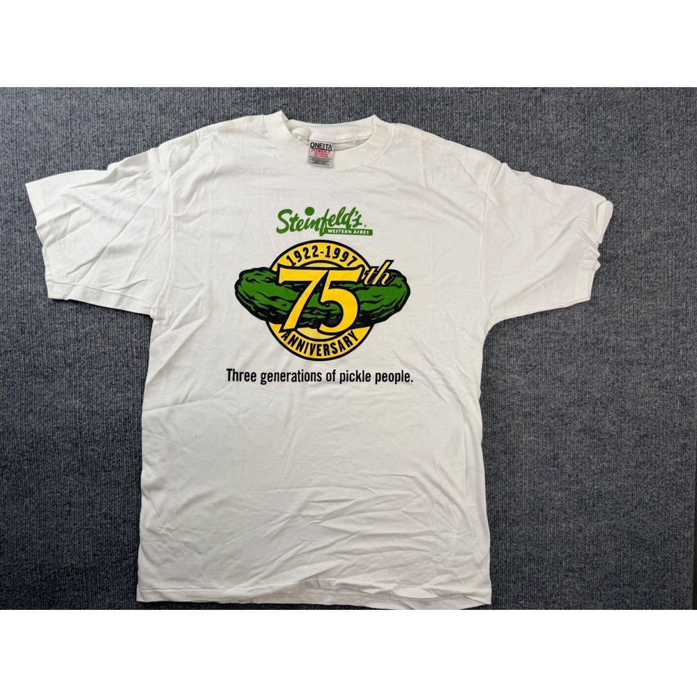 Vintage 90s Steinfeld's Pickle 75th Anniversary T Shirt Large White Oneita USA